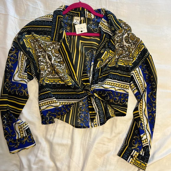 Patterned Long Sleeve Knotted Button up Blouse - Picture 1 of 2